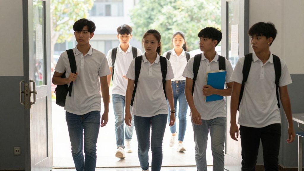 Students returning to a physical classroom from remote learning.