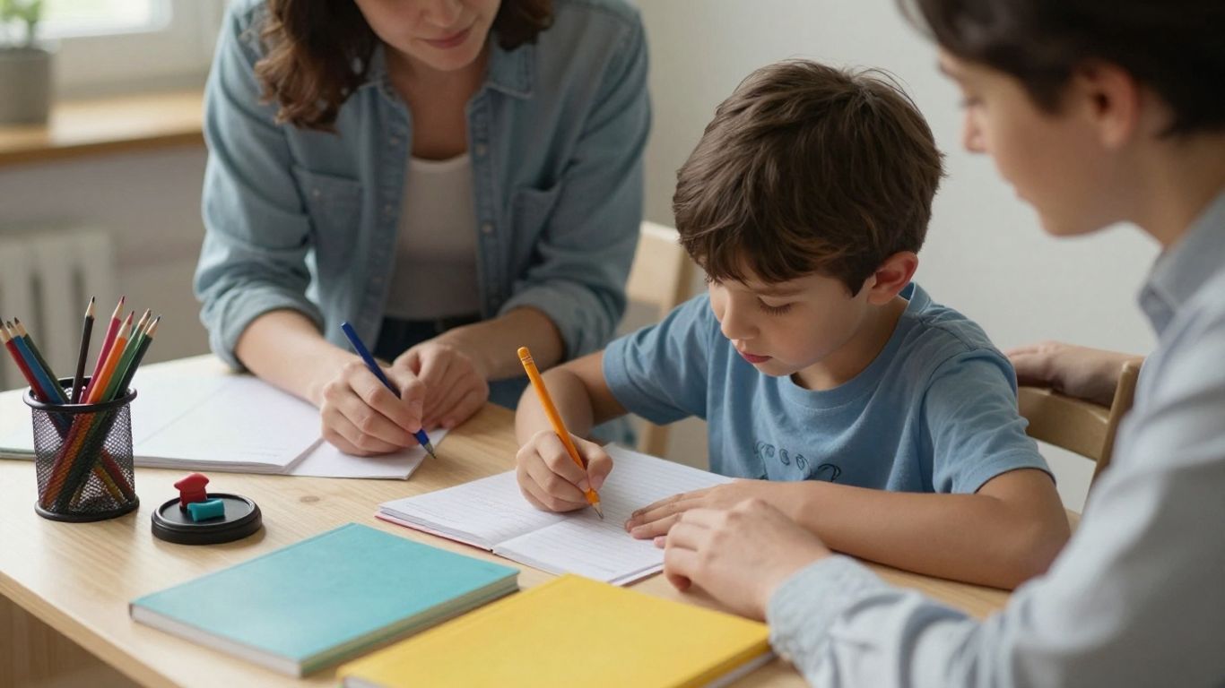 Child doing homework with supportive parent nearby